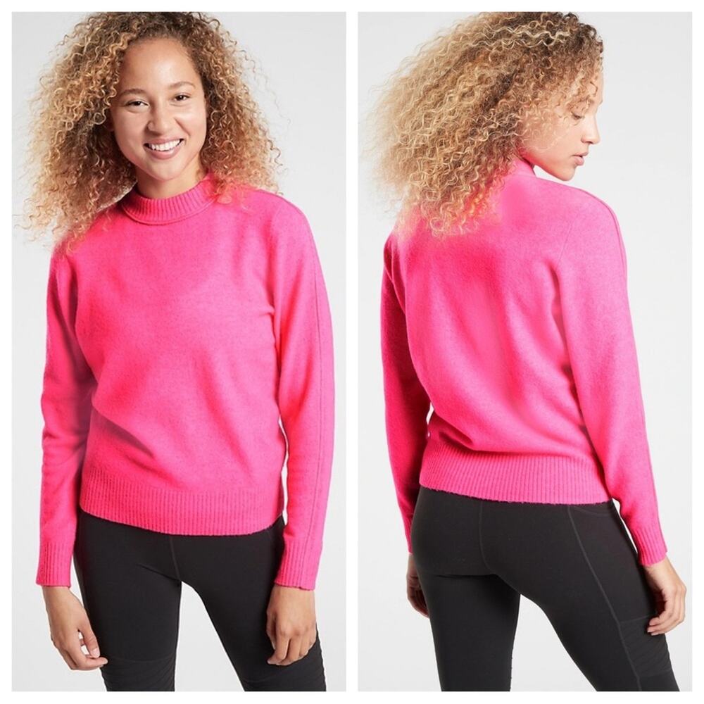 Athleta | Women’s Transit Crew Sweater Merino Wool Pullover Neon Hot Pink Bright